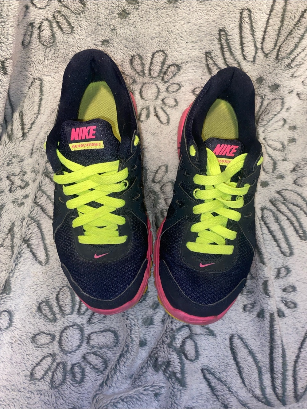 Nike Kids Navy Sneakers with Neon Green Laces and Pink Accents